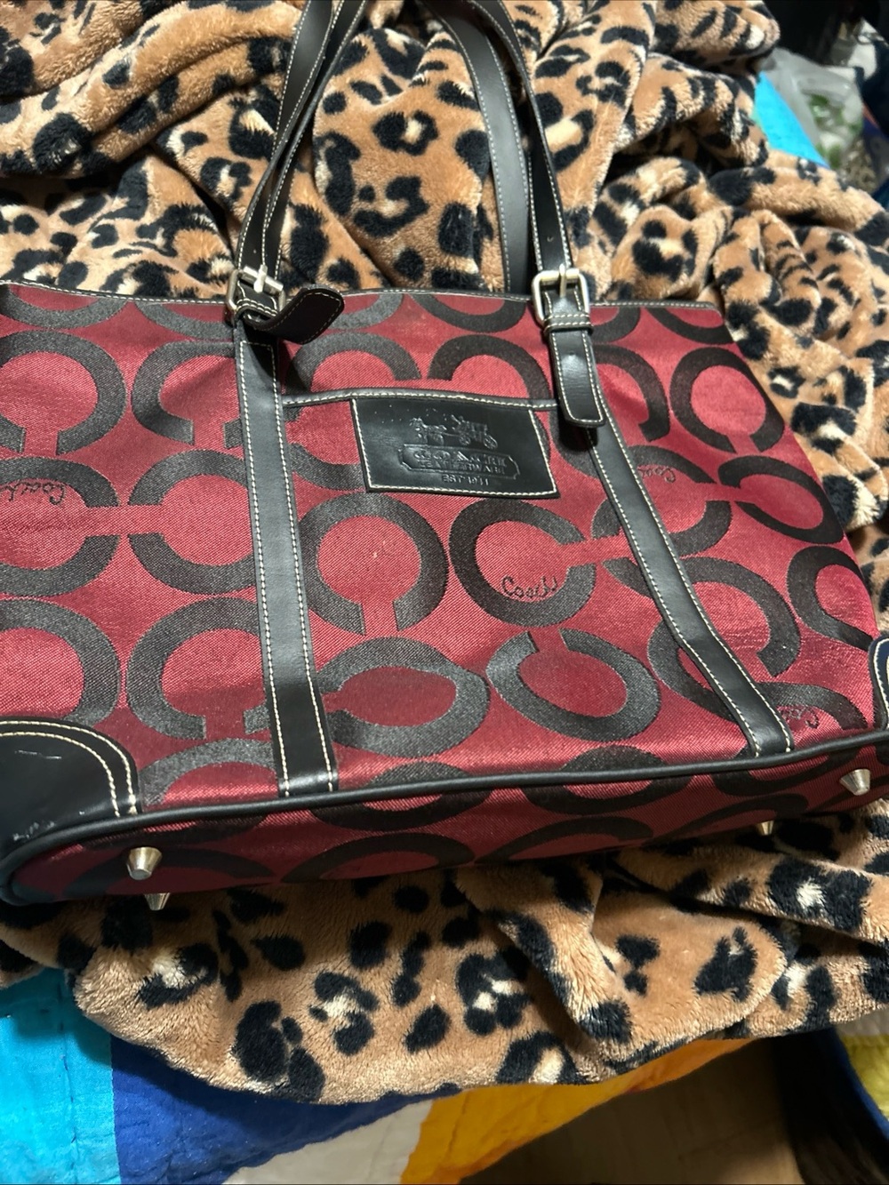 Coach Burgundy and Black Signature Tote with Leather Trim